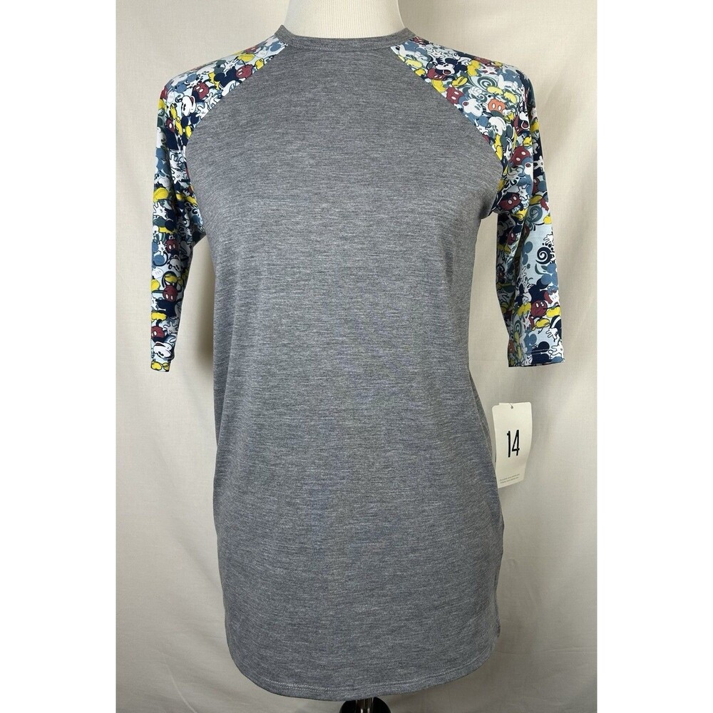 LuLaRoe Disney Mickey Mouse Sloan Shirt Kids Size 14 Raglan Gray 3/4 Sleeve NWT